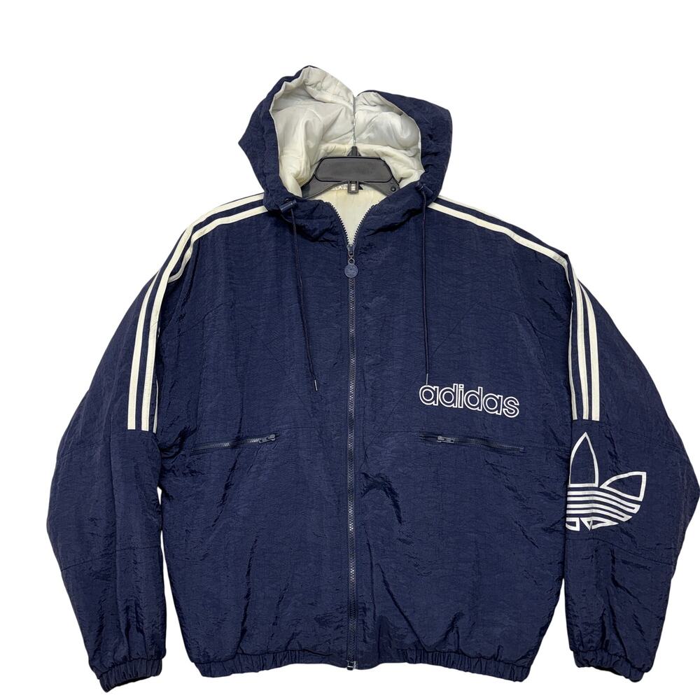 Vintage 80s Adidas Puffer Jacket Medium Blue Hooded Full Zip Trefoil Taiwan